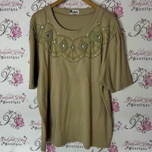 Kobe embroidered beaded diamond neckline top tshirt Tan Embellished Top